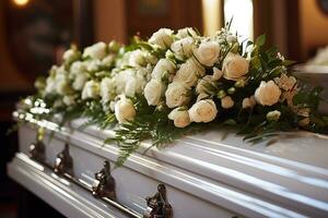 closeup shot of a colorful casket in a hearse or chapel before funeral or burial at cemetery AI generated photo