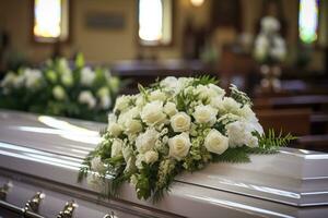 closeup shot of a colorful casket in a hearse or chapel before funeral or burial at cemetery AI generated photo