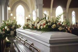 de cerca Disparo de un vistoso ataúd en un coche fúnebre o capilla antes de funeral o entierro a cementerio ai generado foto