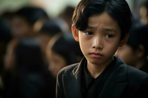 Portrait of little asian boy with sad expression.Funeral concept AI generated photo