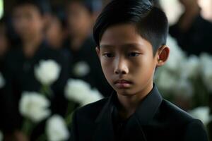 retrato de pequeño asiático chico con triste expresion.funeral concepto ai generado foto