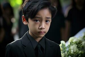 Portrait of little asian boy with sad expression.Funeral concept AI generated photo