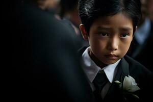 Portrait of little asian boy with sad expression.Funeral concept AI generated photo