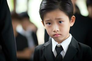 Portrait of little asian boy with sad expression.Funeral concept AI generated photo