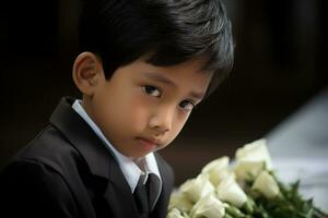 retrato de pequeño asiático chico con triste expresion.funeral concepto ai generado foto