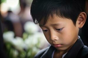 retrato de pequeño asiático chico con triste expresion.funeral concepto ai generado foto