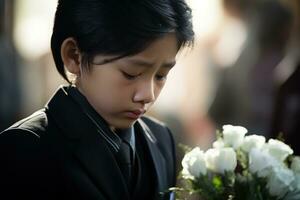 retrato de pequeño asiático chico con triste expresion.funeral concepto ai generado foto