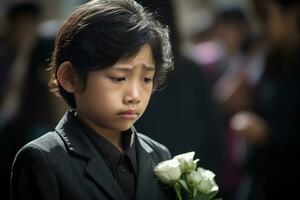 retrato de pequeño asiático chico con triste expresion.funeral concepto ai generado foto