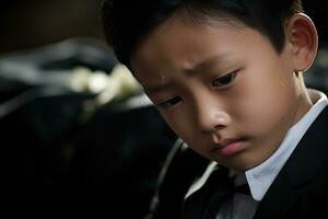 Portrait of little asian boy with sad expression.Funeral concept AI generated photo