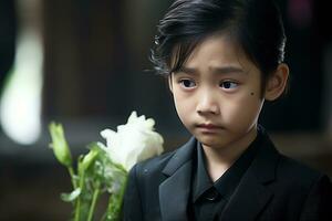 Portrait of little asian boy with sad expression.Funeral concept AI generated photo