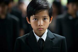 retrato de pequeño asiático chico con triste expresion.funeral concepto ai generado foto