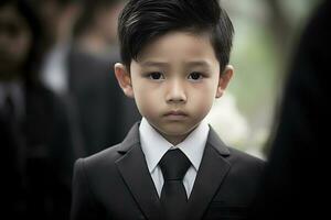 Portrait of little asian boy with sad expression.Funeral concept AI generated photo