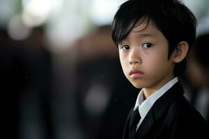 Portrait of little asian boy with sad expression.Funeral concept AI generated photo