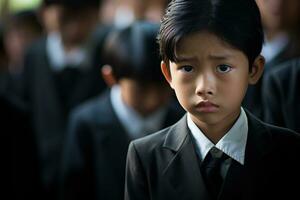 Portrait of little asian boy with sad expression.Funeral concept AI generated photo