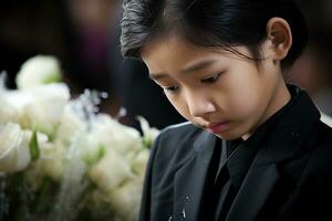 Portrait of little asian boy with sad expression.Funeral concept AI generated photo