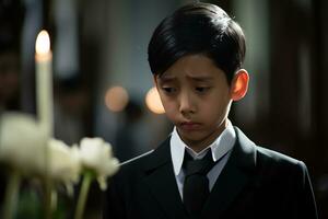 Portrait of little asian boy with sad expression.Funeral concept AI generated photo