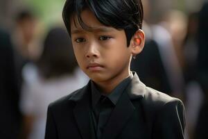 Portrait of little asian boy with sad expression.Funeral concept AI generated photo