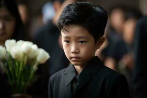 Portrait of little asian boy with sad expression.Funeral concept AI generated photo