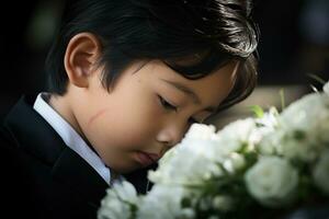 retrato de pequeño asiático chico con triste expresion.funeral concepto ai generado foto