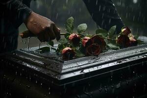 de cerca de un funeral ataúd a un cementerio con flores en el lluvia, mano en el tumba en el lluvia con oscuro antecedentes y Rosa ai generado foto