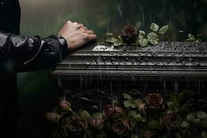 de cerca de un funeral ataúd a un cementerio con flores en el lluvia, mano en el tumba en el lluvia con oscuro antecedentes y Rosa ai generado foto