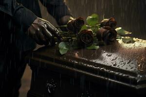 closeup of a funeral casket at a cemetery with flowers in the rain,hand on the grave in the rain with dark background and rose AI generated photo