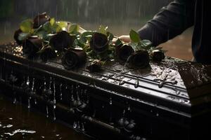 de cerca de un funeral ataúd a un cementerio con flores en el lluvia, mano en el tumba en el lluvia con oscuro antecedentes y Rosa ai generado foto