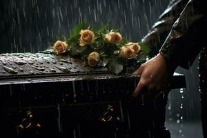 de cerca de un funeral ataúd a un cementerio con flores en el lluvia, mano en el tumba en el lluvia con oscuro antecedentes y Rosa ai generado foto