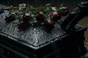 closeup of a funeral casket at a cemetery with flowers in the rain,hand on the grave in the rain with dark background and rose AI generated photo