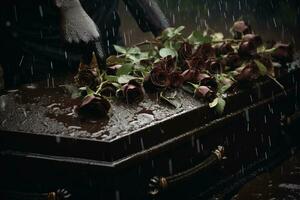 de cerca de un funeral ataúd a un cementerio con flores en el lluvia, mano en el tumba en el lluvia con oscuro antecedentes y Rosa ai generado foto