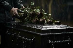 de cerca de un funeral ataúd a un cementerio con flores en el lluvia, mano en el tumba en el lluvia con oscuro antecedentes y Rosa ai generado foto