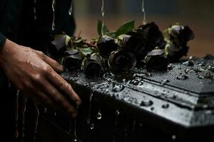 de cerca de un funeral ataúd a un cementerio con flores en el lluvia, mano en el tumba en el lluvia con oscuro antecedentes y Rosa ai generado foto