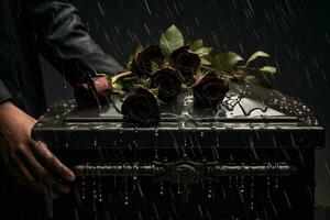 de cerca de un funeral ataúd a un cementerio con flores en el lluvia, mano en el tumba en el lluvia con oscuro antecedentes y Rosa ai generado foto