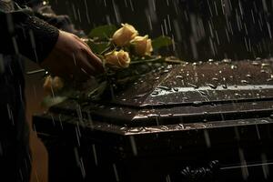 de cerca de un funeral ataúd a un cementerio con flores en el lluvia, mano en el tumba en el lluvia con oscuro antecedentes y Rosa ai generado foto