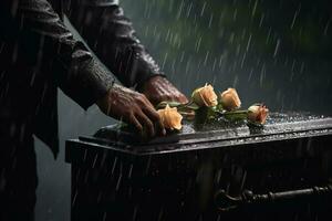 de cerca de un funeral ataúd a un cementerio con flores en el lluvia, mano en el tumba en el lluvia con oscuro antecedentes y Rosa ai generado foto