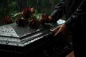 de cerca de un funeral ataúd a un cementerio con flores en el lluvia, mano en el tumba en el lluvia con oscuro antecedentes y Rosa ai generado foto