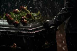 closeup of a funeral casket at a cemetery with flowers in the rain,hand on the grave in the rain with dark background and rose AI generated photo