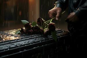 de cerca de un funeral ataúd a un cementerio con flores en el lluvia, mano en el tumba en el lluvia con oscuro antecedentes y Rosa ai generado foto