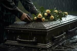 de cerca de un funeral ataúd a un cementerio con flores en el lluvia, mano en el tumba en el lluvia con oscuro antecedentes y Rosa ai generado foto