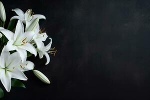 Beautiful white lily flowers on black background with copy space.Funeral Concept AI generated photo