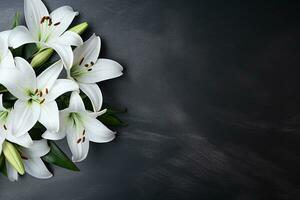 Beautiful white lily flowers on black background with copy space.Funeral Concept AI generated photo