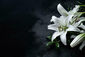 Beautiful white lily flowers on black background with copy space.Funeral Concept AI generated photo