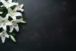 hermosa blanco lirio flores en negro antecedentes con Copiar espacio.funeral concepto ai generado foto