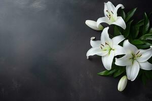 Beautiful white lily flowers on black background with copy space.Funeral Concept AI generated photo