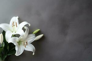 Beautiful white lily flowers on black background with copy space.Funeral Concept AI generated photo