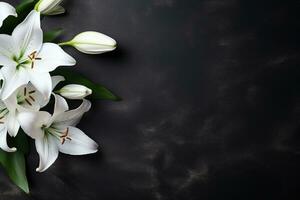 Beautiful white lily flowers on black background with copy space.Funeral Concept AI generated photo