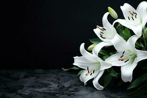 Beautiful white lily flowers on black background with copy space.Funeral Concept AI generated photo