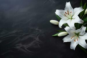 hermosa blanco lirio flores en negro antecedentes con Copiar espacio.funeral concepto ai generado foto