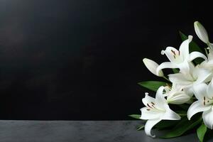 Beautiful white lily flowers on black background with copy space.Funeral Concept AI generated photo