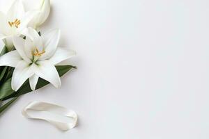 White lily bouquet with ribbon on white background.Funeral Concept AI generated photo